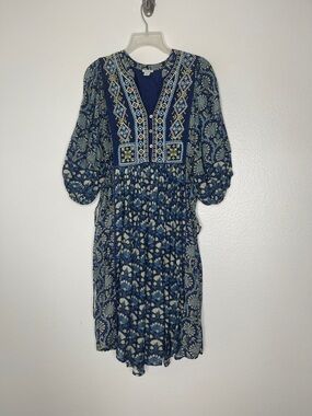 Sundance Livie Navy Blue Embroidered Puff Sleeves Boho Dress Size Medium